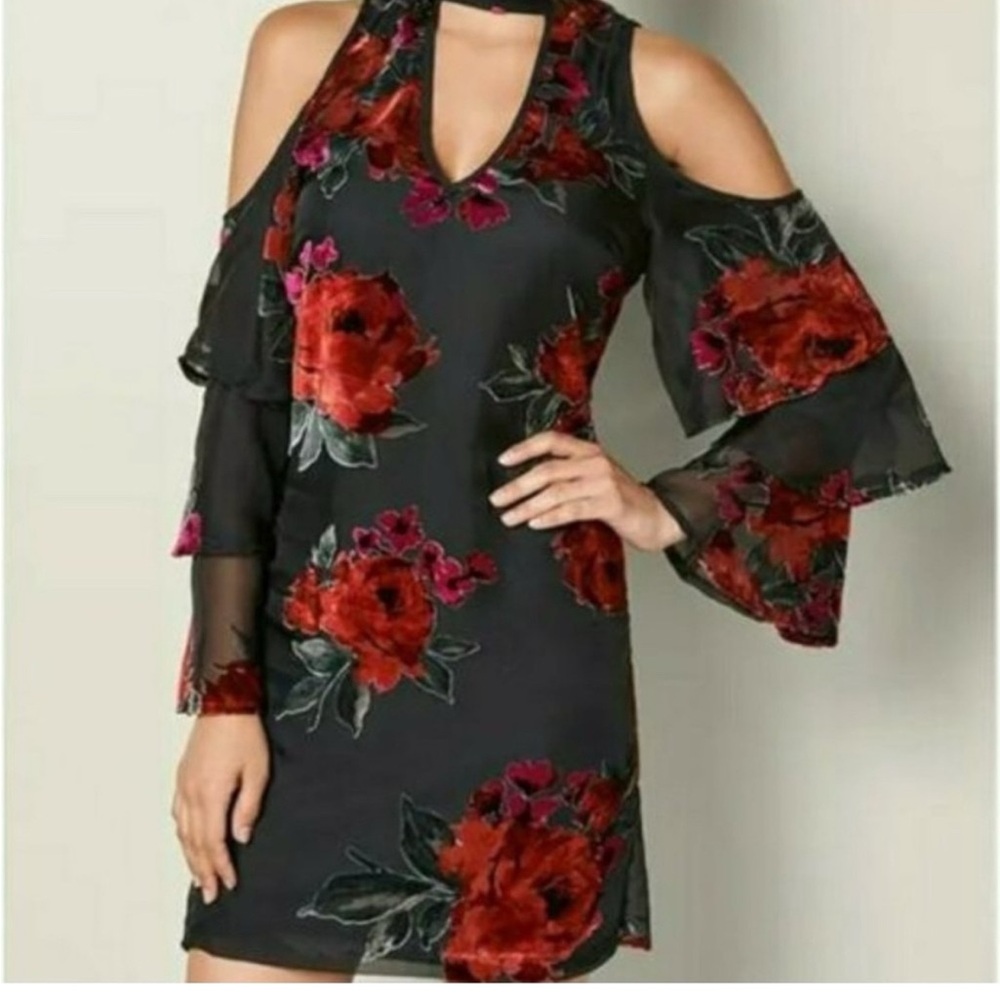 VENUS Black and Red Floral Cold Shoulder Dress